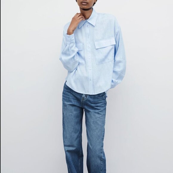 ZARA Light Blue Satin WRINKLED Shirt Size XS S NEW WITH TAG!
